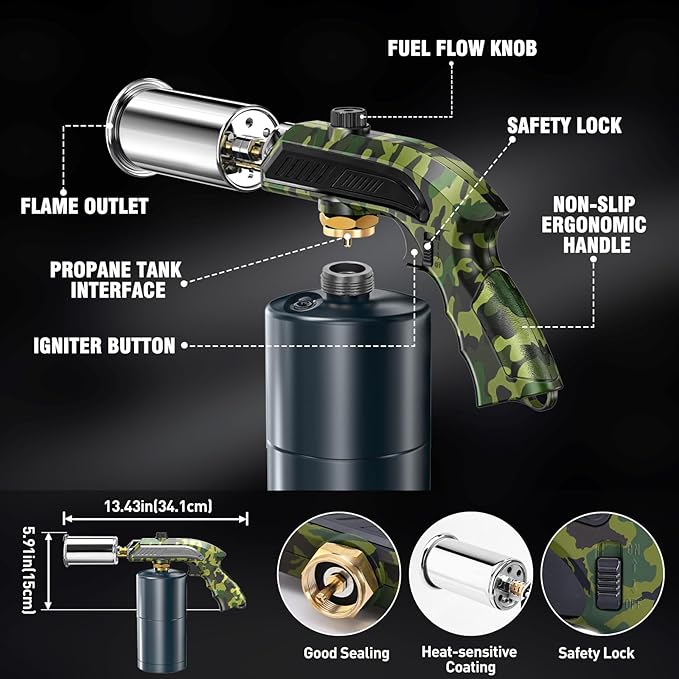 Powerful Grill & Cooking Propane Torch With a Safety Lock, Sous Vide, Welding Torch, Adjustable Wood Torch Burner for Searing Steak, BBQ, Campfire Starter,Army Green(Tank Not Included)