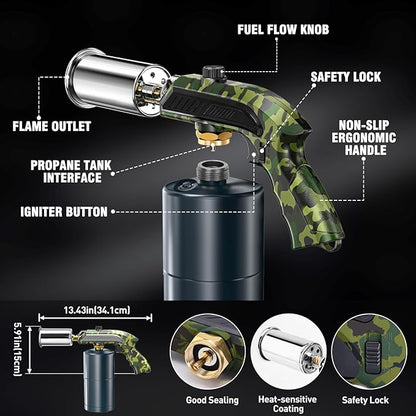 Powerful Grill & Cooking Propane Torch With a Safety Lock, Sous Vide, Welding Torch, Adjustable Wood Torch Burner for Searing Steak, BBQ, Campfire Starter,Army Green(Tank Not Included)