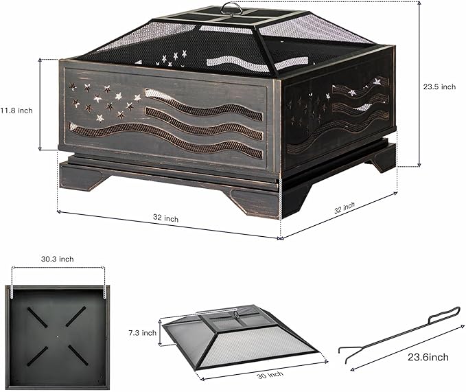 Verdeluxe 32Inch Square-Shaped Fire Pit,Outdoor Fire Pits with Spark Screen&Poker,Metal Square Wood Burning Firepits for Outside,Backyard,Bonfire,Patio,Party,Garden,Picnic and Camping(Antique Bronze)