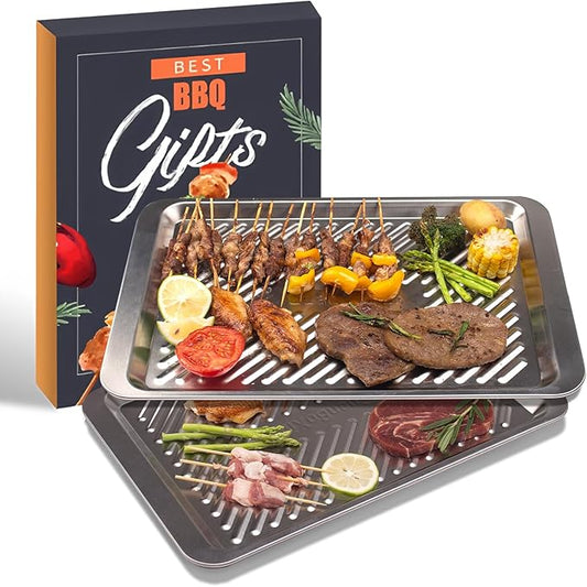 Grilling Prep and Serve Trays, Set of 2 Stackable Stainless Steel BBQ Tray, Standard Marinating Container, Serving Platter for Plating Food, BBQ Prep Tub for Marinating Meats, Grill Accessories