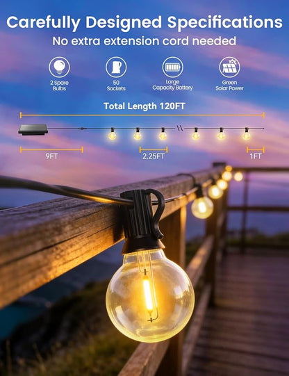Brightever 120FT Solar String Lights Outdoor with Remote, Waterproof Dimmable 3 Modes Outdoor Lights with 50+2 LED Shatterproof G40 Bulbs, Solar Power Patio Lights for Outside Wedding Party Decor