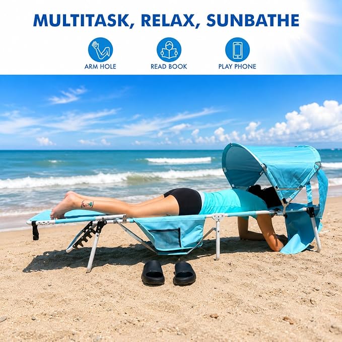Wheel-To-Go Tanning Chair with Wheels Sun Canopy Umbrella Face Hole Thicker Washable Adjustable, Heavy Duty Folding Lay Flat Sun Lounge Chair Beach Outside Sunbathing Reading, UPF 50+ (Patent Design)