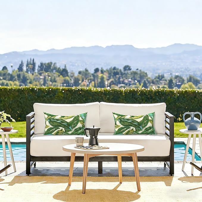 LVTXIII Set of 2 Patio Lumbar Pillow Covers ONLY, 12" x 20" Fade Resistant Outdoor Lumbar Pillow Cases, Fluffy Decorative Garden Lumbar Cushions Covers for Home Patio Coach Sofa Use, Lush Leaf Jungle