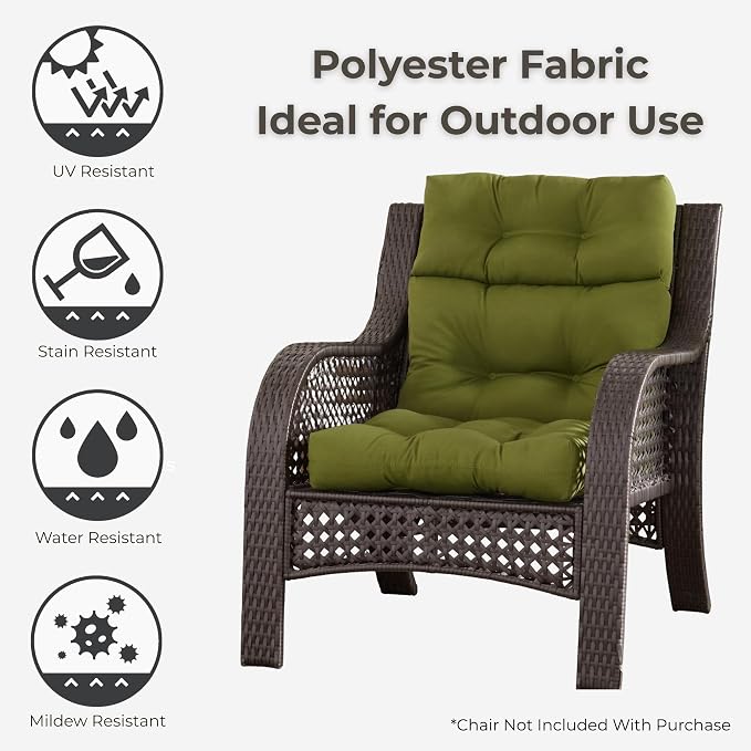 Outdoor Tufted High-Back Chair Cushions, One-Piece Hinged Seat and Back Design, Reversible with 4 Ties, Durable Polyester Fabric, Recycled Fiber Fill - Single, Hunter Green