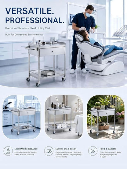 Metal Rolling Cart with 360° Silent Wheels, 220 lbs Capacity Utility Cart | 2-Tier Medical Cart with Handle & Lockable Casters for Lab, Clinic, Kitchen, BBQ Party, Salon