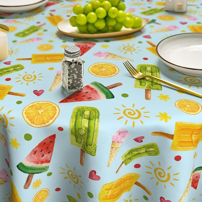 Horaldaily Summer Tablecloth 90 x 90 Inch Round Tropical Popsicle Blue | Ice Cream Orange Sunshine White Seasonal Washable Table Cover for Party Picnic Dinner Decor