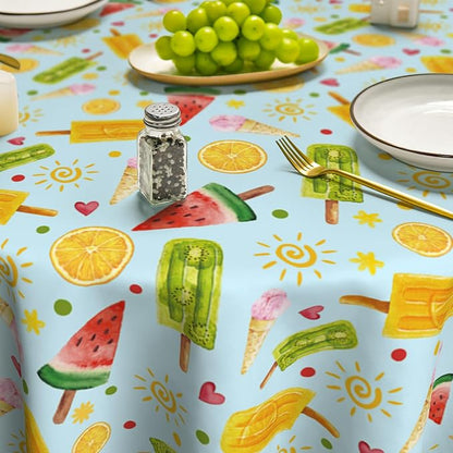 Horaldaily Summer Tablecloth 90 x 90 Inch Round Tropical Popsicle Blue | Ice Cream Orange Sunshine White Seasonal Washable Table Cover for Party Picnic Dinner Decor