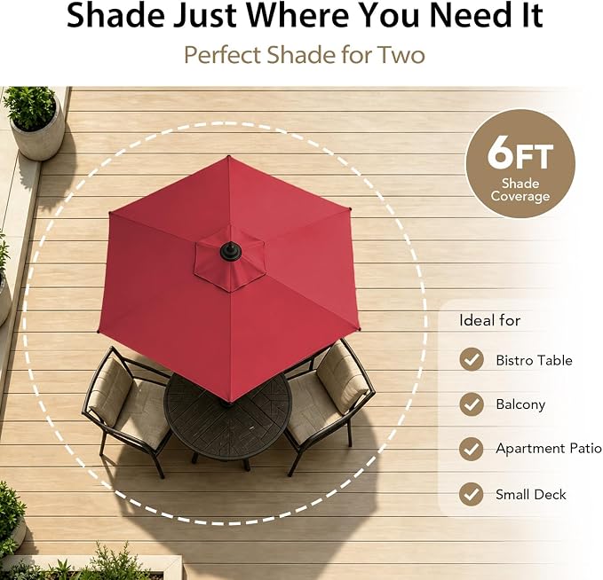 AMMSUN 6FT Patio Umbrella, Outdoor Table Umbrella with Push Button Tilt | UPF50+ Sun Protection and Water-Resistant Fabric, Premium Steel Pole and Ribs, Height-Adjustable and Push-Button Tilt