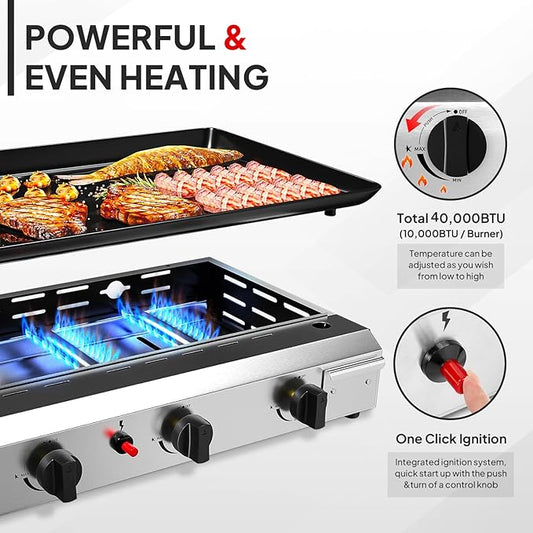 ROVSUN 4 Burner Portable Propane Griddle with Electronic Ignition & Regulator, 40,000 BTU Tabletop Flat Top Gas Grill with Nonstick Enameled Tray for Outdoor Cooking Camping BBQ Tailgating