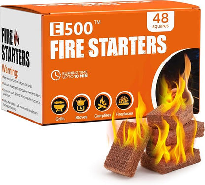 E500 Fire Starter - Natural Fire Starters for Fireplace, Campfires, Chimney, BBQ, Fire Pit & Wood Fireplace - 48 Count Pine Firestarter Squares