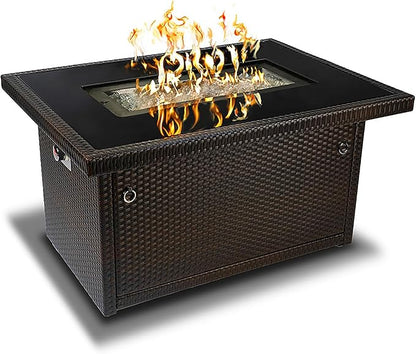 Outland Living Series 403 Fire Table – 44" 50,000 BTU Outdoor Propane Gas Fire Pit Table with Tempered Glass Top & Arctic Ice Decorative Glass Rocks, Espresso Brown