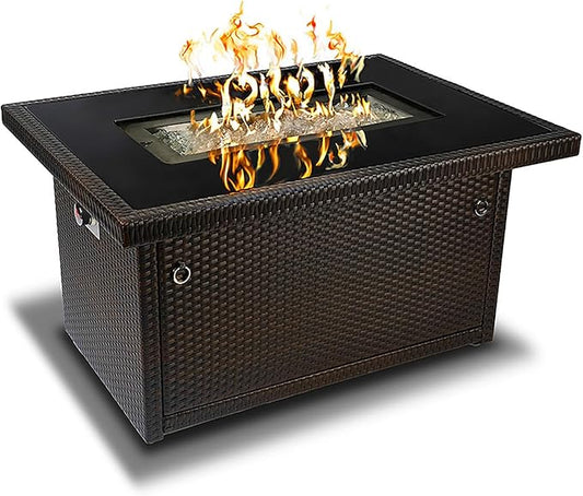 Outland Living Series 403 Fire Table – 44" 50,000 BTU Outdoor Propane Gas Fire Pit Table with Tempered Glass Top & Arctic Ice Decorative Glass Rocks, Espresso Brown