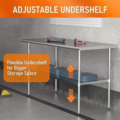 Stainless Steel Table for Food Prep & Work 24 x 60 inches Commercial Workstation with Adjustable Undershelf in Kitchen, Garage, Outdoor BBQ