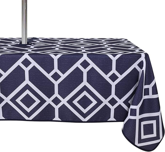 LUSHVIDA Moroccan Outdoor Tablecloth with Umbrella Hole and Zipper, 60 x 84 Inch Navy, Rectangle Waterproof Wrinkle Free Table Cloth Decorative Fabric Washable Table Cover for Patio, Party, Picnic
