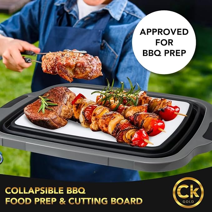 Collapsible BBQ Prep Tub - Includes Cutting Board, LOCKING Lid & Strong Drain Hole for Meal Prep & Marinating | BPA-Free, Food-Grade BBQ & Meat Prep Tubs, Best Grilling Gifts (Black, 8 L)