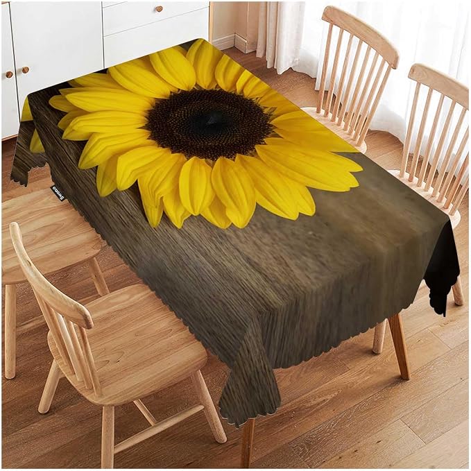 Swono Sunflower Table Cloth Rectangle Tables Retro Garden Autumn Sunflower On Wooden Kitchen Table Cover Oblong 52"X70" Tablecloth for Dining Table Buffet Parties Patio and Camping