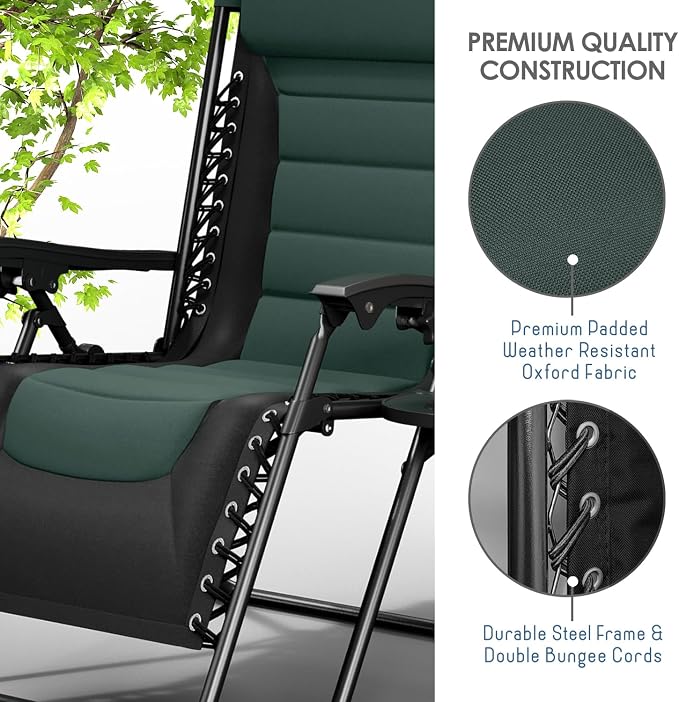 Nestl Padded Oversized Zero Gravity Chair, XL Folding Outdoor Lounge Chair | Adjustable Headrest, Cup Holder & Side Tray, Support 330 LBS, Reclining & Foldable, For Patio & Camping, Black/Forest Green
