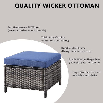 Rilyson Wicker Outdoor Patio Sofa with Ottoman, Large 3 Seater Wicker Patio Couch with 4in Replaceable Seat Cushions and Deep Seating, All Weather for Backyard, Garden, Poolside (Mixed Grey/Blue)