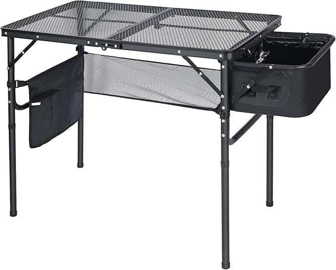 Portable Grill Table with Sink for Outside, Aluminum Frame Folding Grill Stand Table for Outdoor Camping Picnic BBQ, Lightweight Adjustable Height, 36 x 20 x 31 Inches, Black