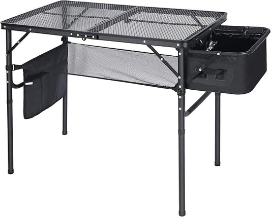 Portable Grill Table with Sink for Outside, Aluminum Frame Folding Grill Stand Table for Outdoor Camping Picnic BBQ, Lightweight Adjustable Height, 36 x 20 x 31 Inches, Black