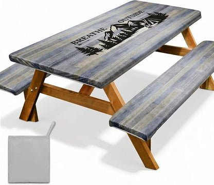 Picnic Table Cover with Bench Covers Windproof Waterproof Picnic Table Covers Camping Tablecloth with Self-Storage Bag, 72in, Gray Blue