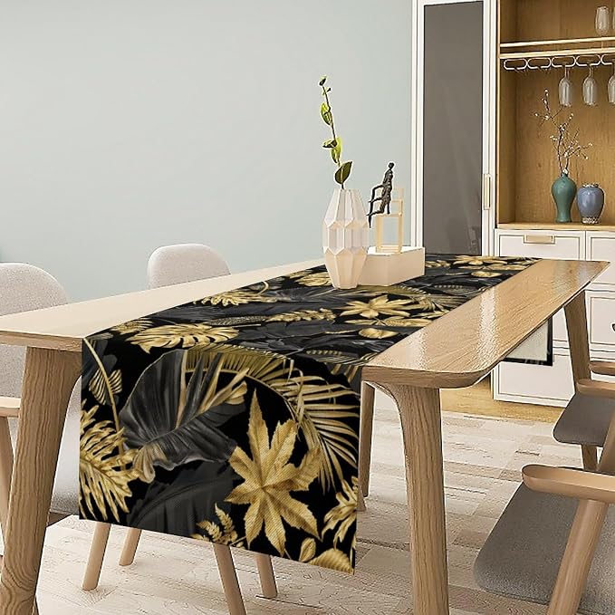 Golden Leaves Table Runner Jungle Black Tropical Plam Tree Retro Boho Hawaii Botanical Plant Spring Summer Seasonal Dinner Runner for Farmhouse Kitchen Dining Home Holiday Party 13x36in