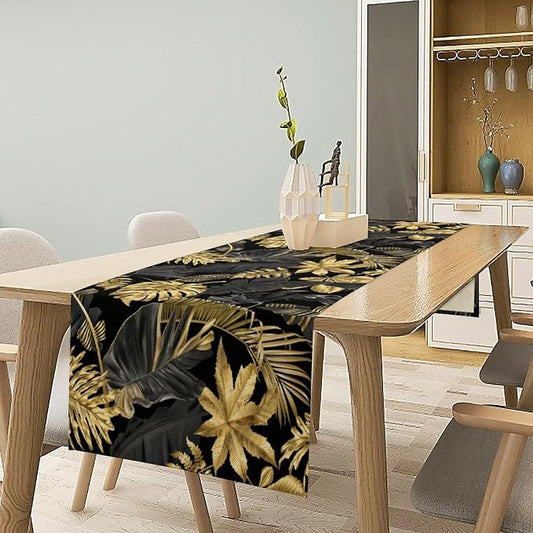 Golden Leaves Table Runner Jungle Black Tropical Plam Tree Retro Boho Hawaii Botanical Plant Spring Summer Seasonal Dinner Runner for Farmhouse Kitchen Dining Home Holiday Party 13x36in