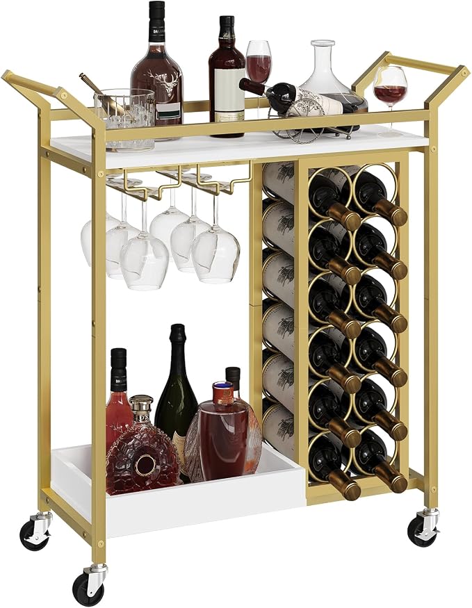 MAHANCRIS Gold Bar Cart, Bar Cart for Home, 2-Tier Wine Rack, Wine Cart with Wheels, Drink Cart with Glass Holder, Serving Cart for Kitchen, Gold and White RCJW18101