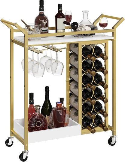 MAHANCRIS Gold Bar Cart, Bar Cart for Home, 2-Tier Wine Rack, Wine Cart with Wheels, Drink Cart with Glass Holder, Serving Cart for Kitchen, Gold and White RCJW18101