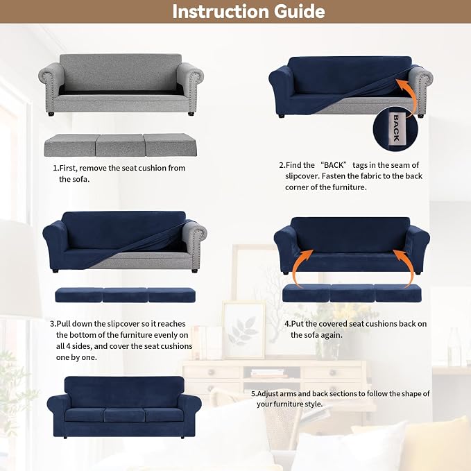 WEERRW 4 Pieces Couch Cover for Sofa Velvet Sofa Covers Washable, Navy Blue | Sofa Covers for 3 Cushion Couch Furniture Protector Sofa Slipcovers with Non Slip Elastic Bottom, Pet Friendly, Large