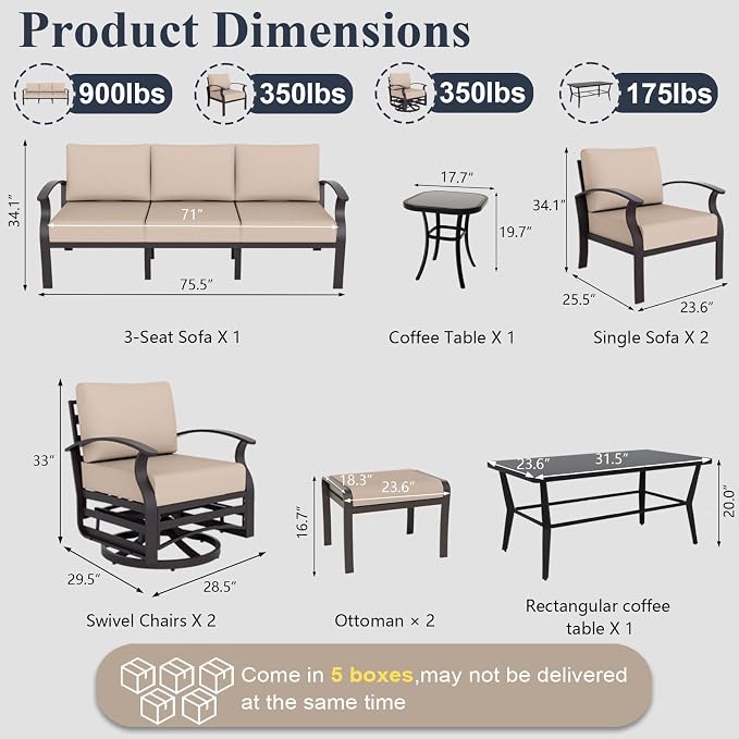 ALAULM Aluminum Patio Furniture Set with Coffee Table Rectangular, 9-seat Outdoor Sectional Furniture w/Swivel Chairs and 2 Ottomans, Patio Conversation Set for Porch, Backyard, Poolside-Sand