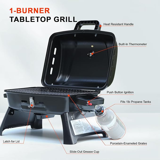 Brand-Man Portable Gas Grill with Locking Lid Folding Legs 10,000 BTU Burner 240 sq.in. Cooking Area Tabletop Small Propane Grill Foldable for Outdoor Cooking, Backyard BBQs, Vacation Camping