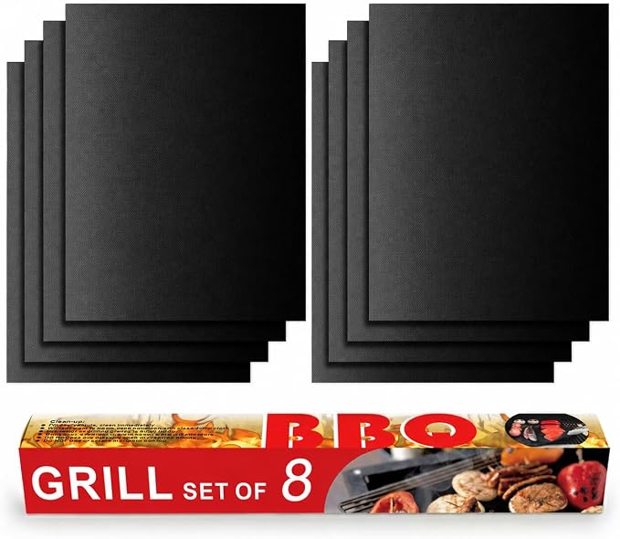 Grill Mats for Grill, Set of 8, 15.75 x 13 Inch | Non-Stick Sheets for Outdoor Gas Grill Cooking and Grilling