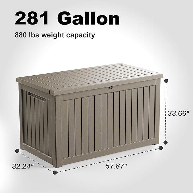 PatioZen 281 Gallon Large Resin Deck Box, Lockable Outdoor Storage Box for Patio Cushions Storage Furniture,Garden Tools, Pool Supplies, Weatherproof and UV Resistant (Grey)