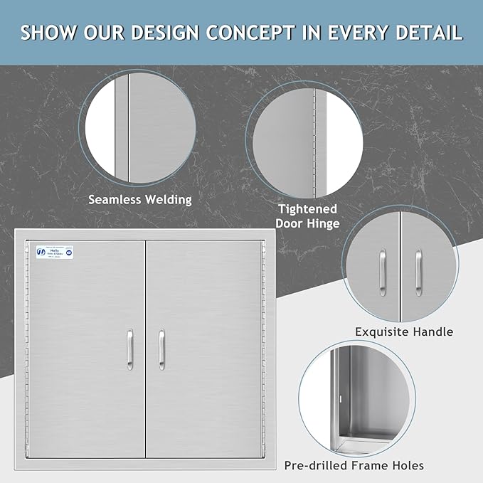 Hally Outdoor Kitchen Doors 26" W x 24" H of 304 Stainless Steel BBQ Double Access Door with 2 Detachable Handles and 4 Hooks, for BBQ Island, Grilling Station, Outdoor Cabinet