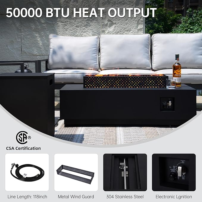 48-inch Fire Pit Table W Tank Table,CSA Certified,Propane Fire Pit W Lava Rocks,Wind Guard and Cover,Baking Pan,50000 BTU 3 in 1 Outdoor Heater for Deck Garden