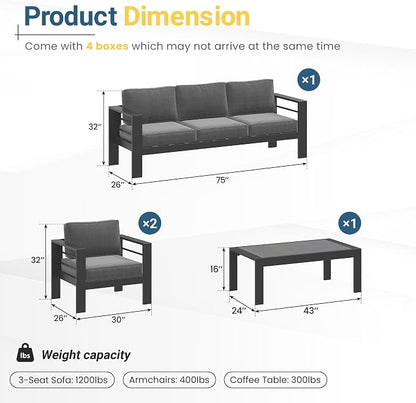 Solaste Aluminum Outdoor Patio Furniture Set, 5 Seats Patio Sectional Sofa with 5" Thick Cushion, Outdoor Patio Set with Coffee Table for Porch, Yard, Backyard, Deck, Grey
