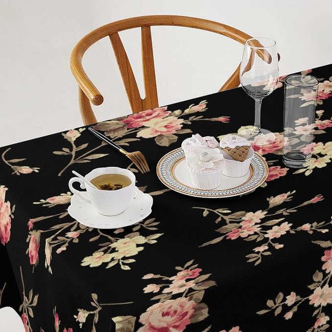 Vintage Flower Tablecloth, Black Pink Garden Florals Rustic Roses Boho Botanical Plant Water Resistant Wipeable Table Cover for Picnic Party Holiday Kitchen Dinner Table 60"x120"
