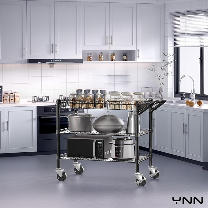 YNN Black Utility Rolling Cart,990Lbs 3 Tier Heavy Duty Metal Cart with Wheels & Handle NSF Wheeled Cart 31" D x 18" W x 33" H for Bedroom, Bathroom, Kitchen,Garden,Decor,Serving
