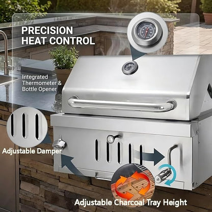 Built in Charcoal Grills for Outdoor Kitchen Island, Large Drop-in Barbecue Grill with Liftable Tray, Insulated Hood & Temp Gauge Heavy Duty Stainless Steel BBQ Grill for Family Parties Patio Cooking