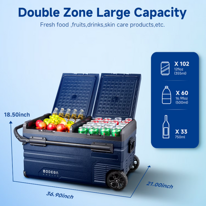 A large Bodega brand double zone portable cooler with wheels, shown open with food and drinks inside, on a light blue background with measurement labels and a capacity graphic.