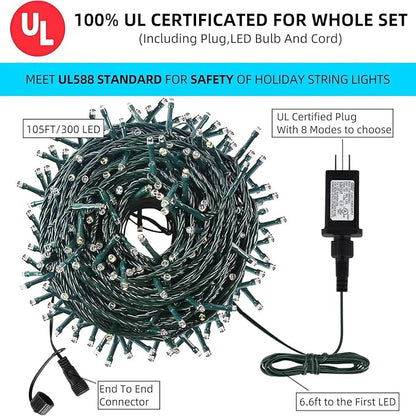 MZD8391 105FT 300LED Christmas Light Outdoor Indoor,Christmas Tree Light | Red, 100% UL Listed, Waterproof, 8 Light Modes, Timer & Memory, End To End Connect, Christmas String Light Outdoor Indoor
