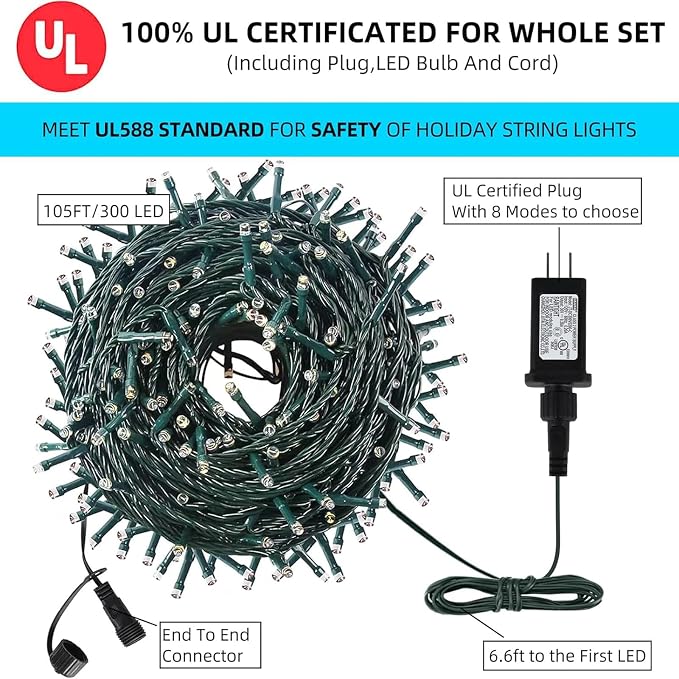 MZD8391 105FT 300LED Christmas Light Outdoor Indoor,Christmas Tree Light | Green, 100% UL Listed, Waterproof, 8 Light Modes, Timer & Memory, End To End Connect, Christmas String Light Outdoor Indoor