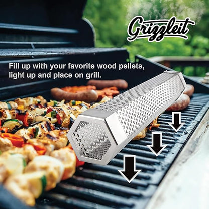 Smoke Tube for Pellet Smoker, 12" Stainless Steel BBQ Smoking Tube - 5 Hr Hot/Cold Smoke for Any Grill or Smoker - Includes Pro Hooks & Brush