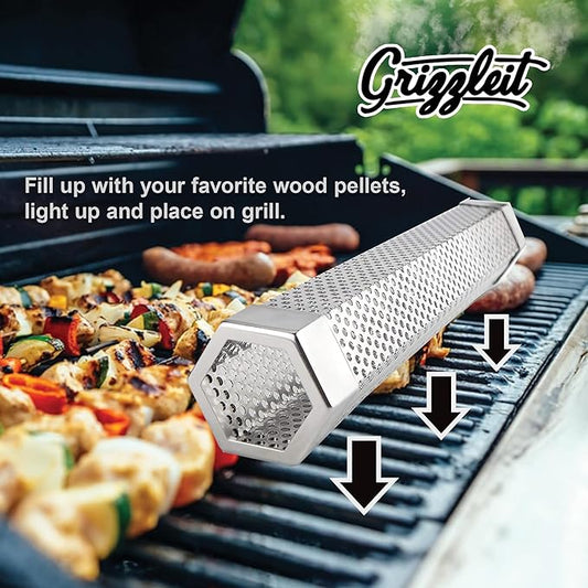 Smoke Tube for Pellet Smoker, 12" Stainless Steel BBQ Smoking Tube - 5 Hr Hot/Cold Smoke for Any Grill or Smoker - Includes Pro Hooks & Brush