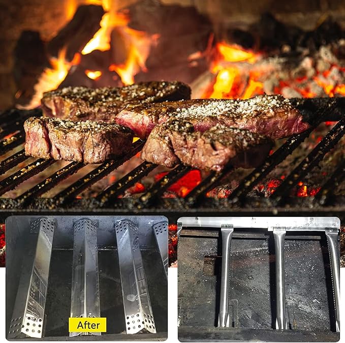 Yiming Grill Replacement Parts for Grillmaster 720-0697, Nexgrill 720-0697 and Sunbeam 720-0697 Gas Grill Models, Stainless Steel Heat Plate Tent Shields, Grill Burner Tubes Set, 4-Pack