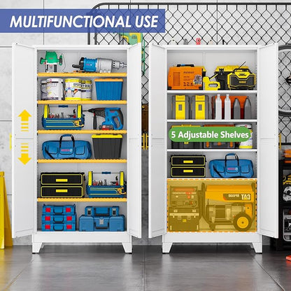 75" Metal Garage Storage Cabinet with 2 Doors and 5 Adjustable Shelves,Metal Storage Cabinets,Steel Tool Cabinets for Home,Office,Garage,Warehouse (White, 75''H x 36''W x 18''D)