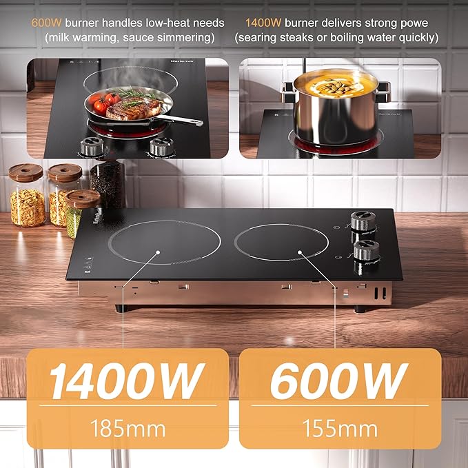 2 Burner Electric Cooktop 110V Karienvir, Plug in Electric Stove Top Burner 2000W, Cooktop Knob Controls, 12 Inch Countertop & Built-In Portable Kitchen Cooktop, 9 Power Levels, Residual Heat Warnings