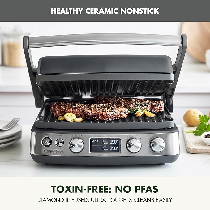 GreenPan Elite 6-in-1 Multi-Function Contact Grill & Griddle, Healthy Ceramic Nonstick Reversible Plates, Adjustable Shade & Shear, Closed Press/Open Flat Surface, PFAS-Free, Graphite