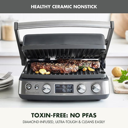 GreenPan Elite 6-in-1 Multi-Function Contact Grill & Griddle, Healthy Ceramic Nonstick Reversible Plates, Adjustable Shade & Shear, Closed Press/Open Flat Surface, PFAS-Free, Graphite